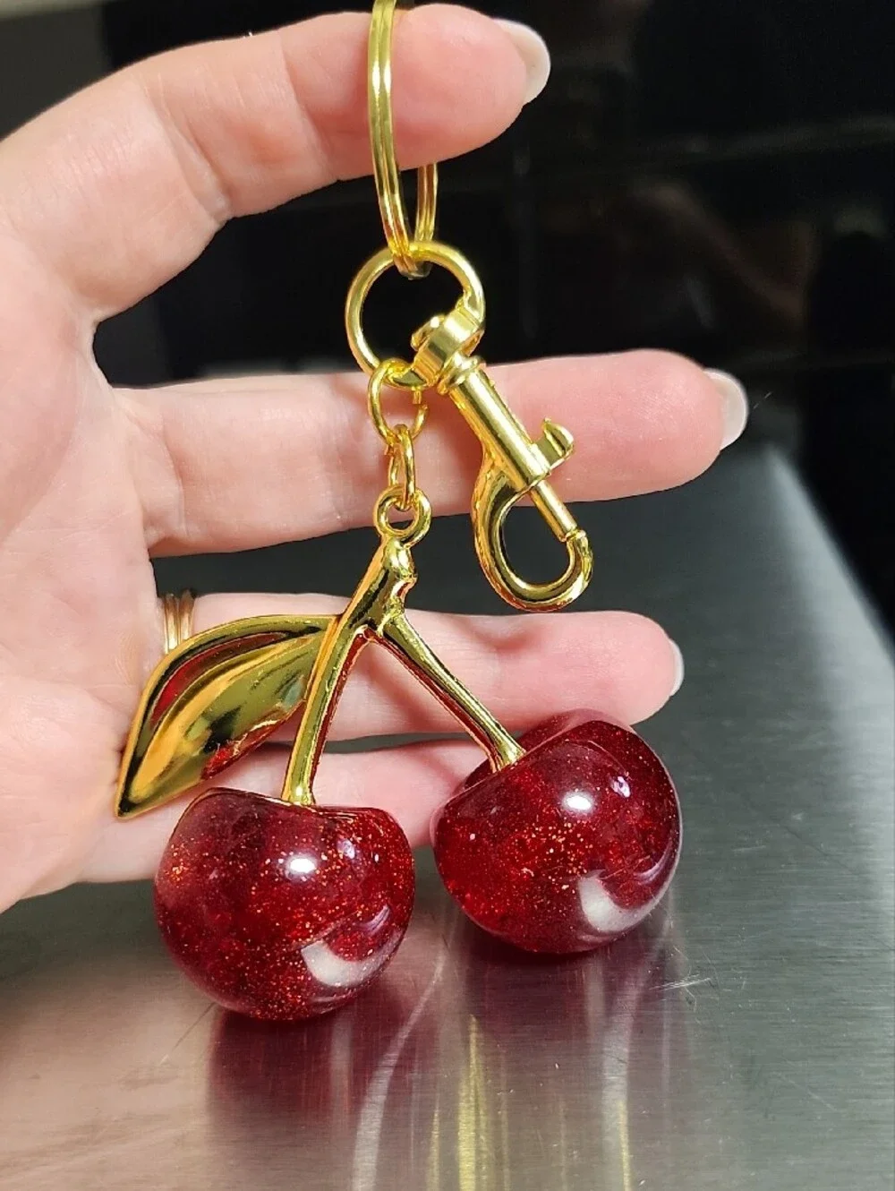 Gold Cherry Keychain with Red Glitter Charms